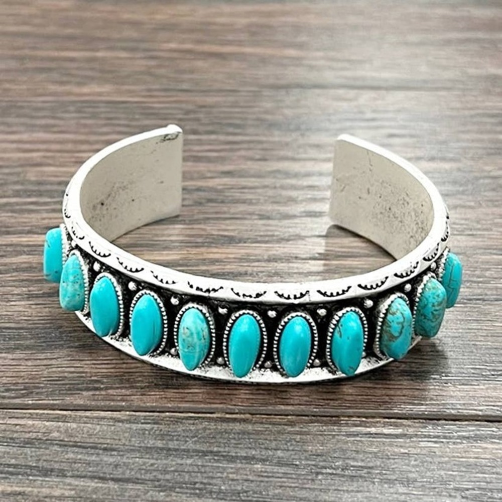 Turquoise Oval Row Cuff Bracelet Western Boho Rodeo Silver Tone Adjustable